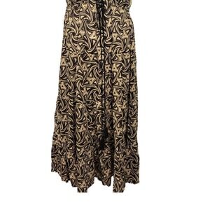 Boho Beachy Flowy Ruffle Tan Black Geo Print Maxi Dress L/XL Semi Sheer Vacation